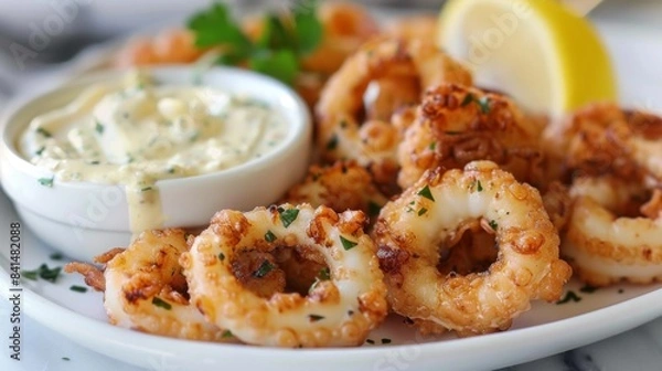 Obraz A mouthwatering plate of grilled calamari served with a side of creamy garlic aioli, perfect for dipping and savoring every bite