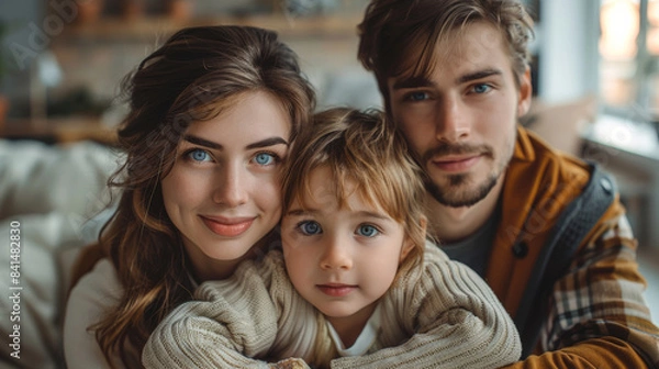 Fototapeta a young family in a modern appartment, looking at the camera