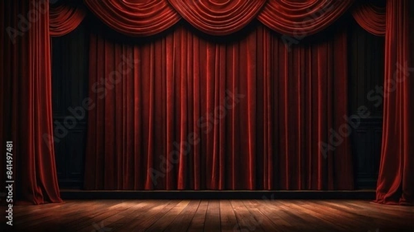 Fototapeta red theater curtain, stage curtain in the theater, stage podium the blank for the performance is free