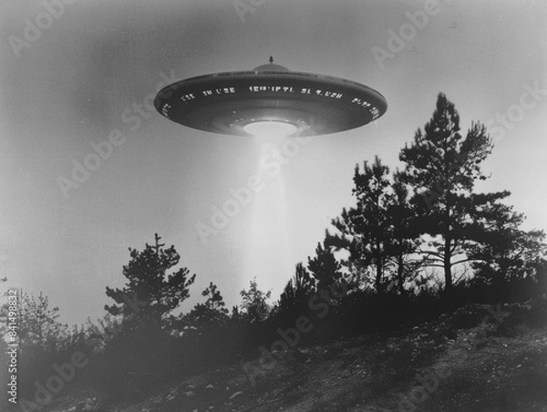 Fototapeta UFO Hovering Over Treeline at Twilight