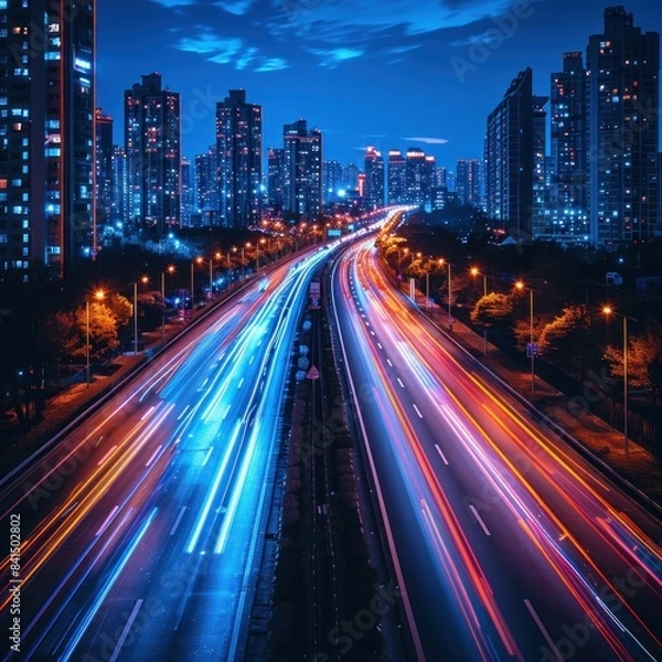 Fototapeta High-speed light trails moving blurred against the city skyline background, representing fast digital technology and urban life. Abstract concept of speed on the highway with long exposure effect.