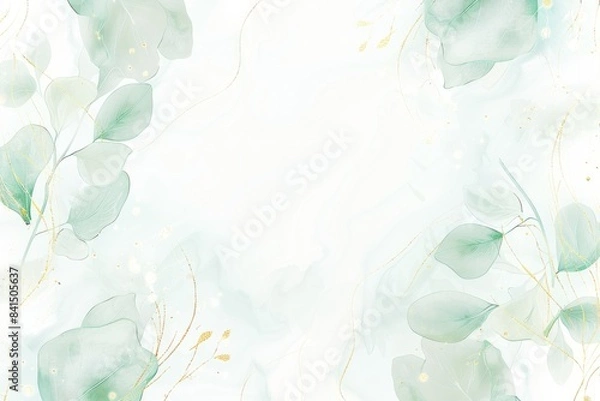 Obraz 金色の線と葉の抽象的な水彩画の背景