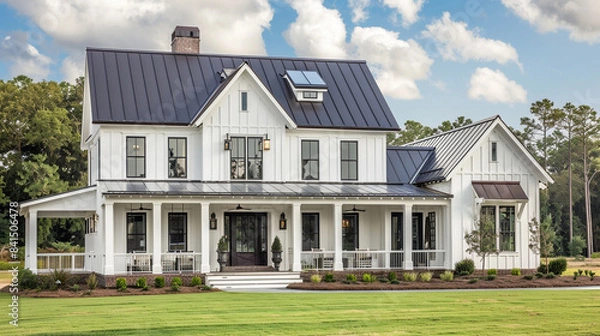 Obraz A modern farmhouse exterior with a white facade, dark roof, and a spacious wrap-around porch.