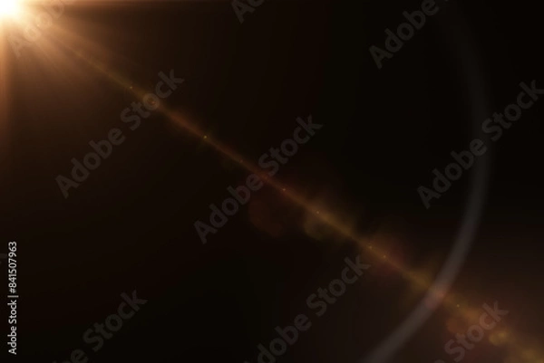 Obraz Top left golden light flare or glare for project overlay screen effect. Photography Sun light Optical Flare with shiny warm rays and Camera lens effect element. 3d illustration rendering.
