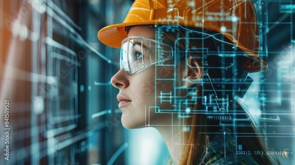 Fototapeta Side view of a female construction engineer with superimposed architectural blueprints, symbolizing her role in architectural planning.