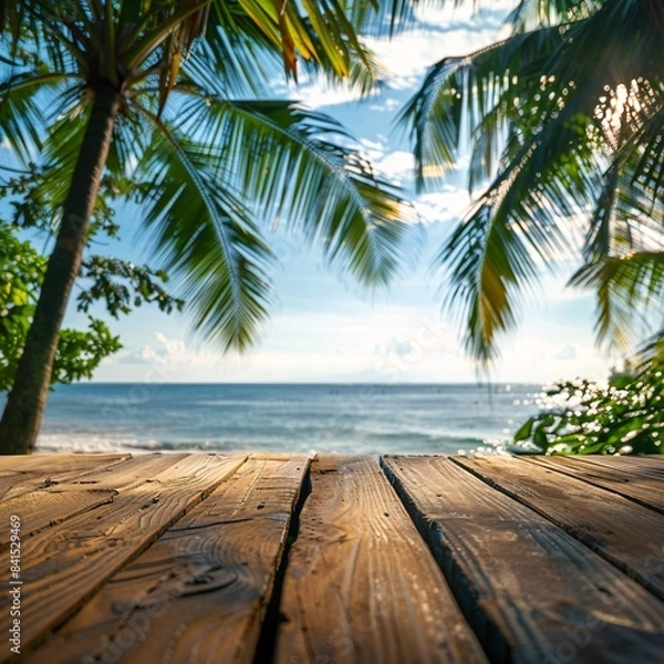 Fototapeta empty wooden table on tropical beach