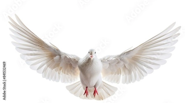 Fototapeta Beautiful white dove spreading its wings against a blank white sky, emblem of hope and peace
