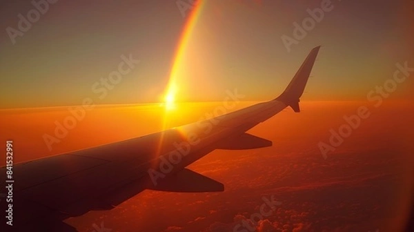 Obraz Dramatic sunset airplane wing view with rainbow in the sky