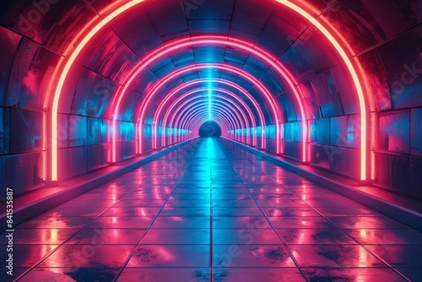 Fototapeta Futuristic light tunnel with dynamic, abstract digital designs and neon lights,