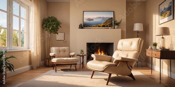Fototapeta A calming beige living room with a peaceful landscape painting and a comfortable reading chair.