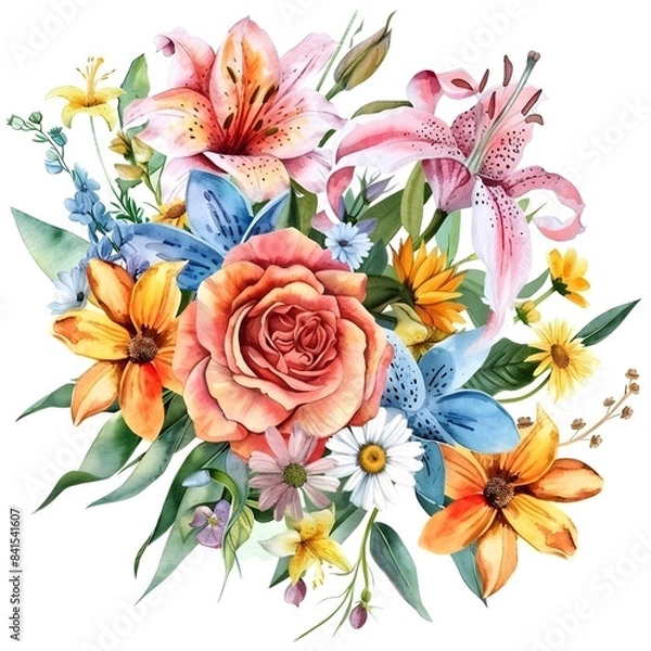 Fototapeta Vibrant Watercolor of Mixed Floral Bouquet with Roses Lilies and Daisies on White Background