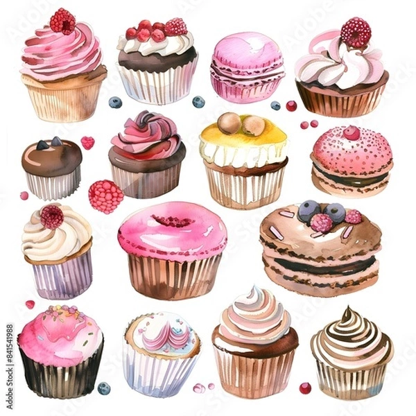 Fototapeta Watercolor Painting of Assorted Cupcakes and Confections on White Background