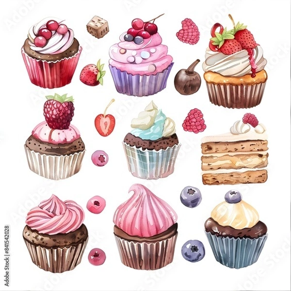 Fototapeta Watercolor Painting of Delectable Cupcakes and Confections on White Background