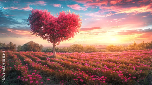 Obraz A vibrant landscape with a heart-shaped tree amidst a field of pink flowers at sunset, concept of love and nature. Generative AI