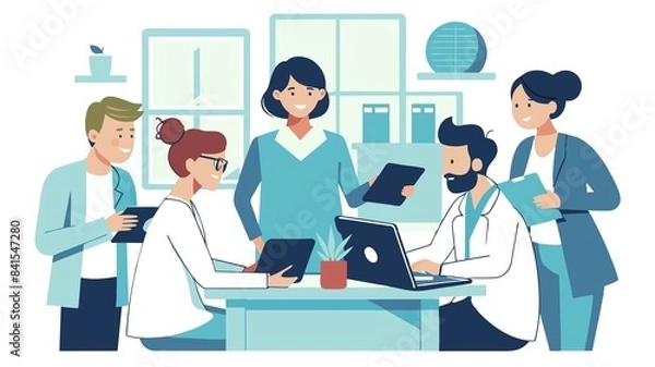 Fototapeta Optimizing health is a team effort! Doctors and patients partner in a modern clinic, collaborating to develop the best treatment plan based on patient information.