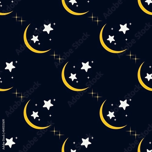 Obraz Seamless night sky pattern with moon and little stars around it