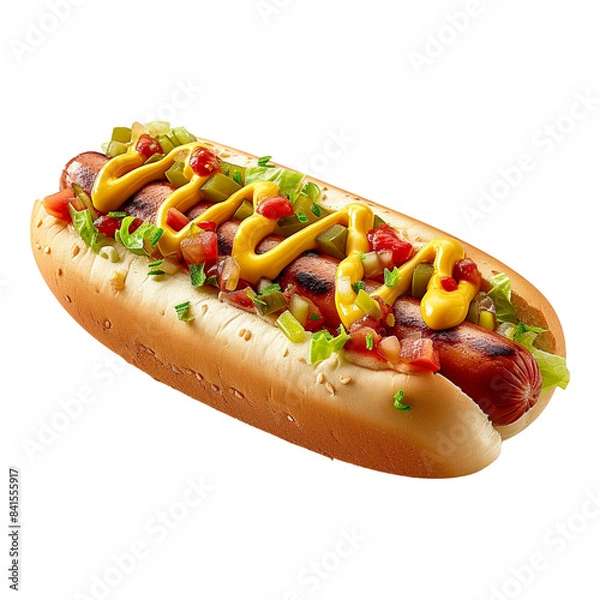 Fototapeta Grilled hotdog topped with mustard, ketchup, and relish, served on a bun with fresh vegetables, presented on a transparent background for an appetizing and savory fast food meal option