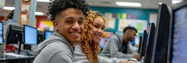 Fototapeta In a modern computer lab, high school students collaborate on academic projects. They engage in diverse activities and digital projects, showcasing their teamwork and dedication to learning