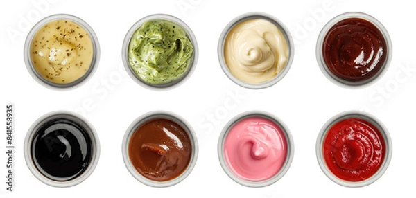 Fototapeta Variety of sauce in a bowl top view png, collection of different dipping sauces, colorful and tasy isolated on transparent background, bundle set hd