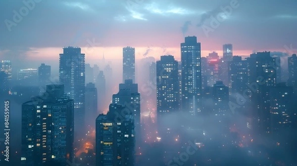 Fototapeta Misty Skyscraper Skyline at Dusk or Dawn in the Mysterious City Landscape