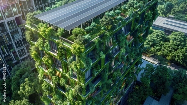 Fototapeta Create an image of a sustainable building covered in greenery and solar panels, emphasizing eco-friendly and innovative architectural design.