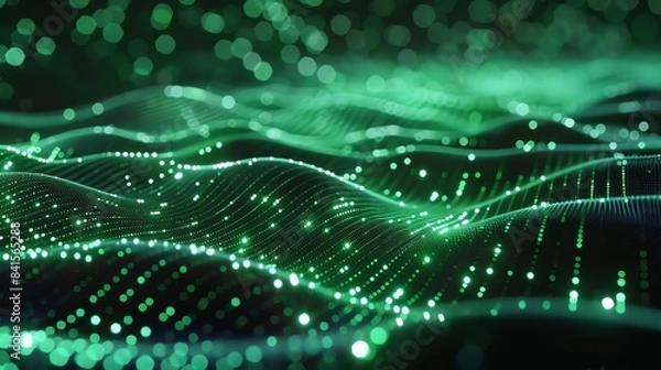 Fototapeta This is a background image of a green, glowing, digital wave. The wave is made up of many small, glowing dots. The wave is flowing from left to right.