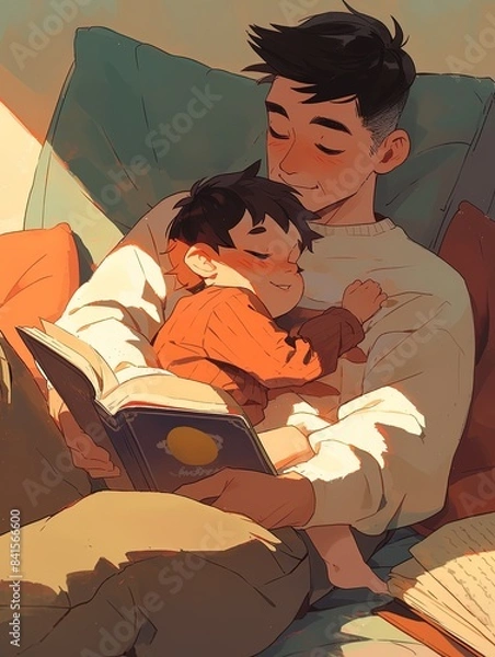 Obraz Father's Day Happy Poster Design Illustration Material Background, Father Holding Child Reading
