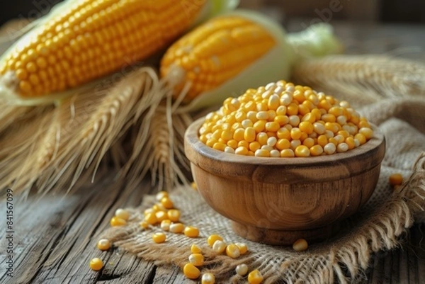 Fototapeta Bowl of raw corn kernels with ears of corn and wheat on a burlap cloth