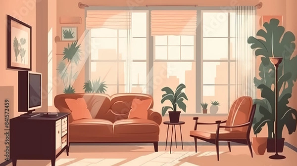 Fototapeta Living room interior. Comfortable sofa, window, chair and house plants. Paper cut style