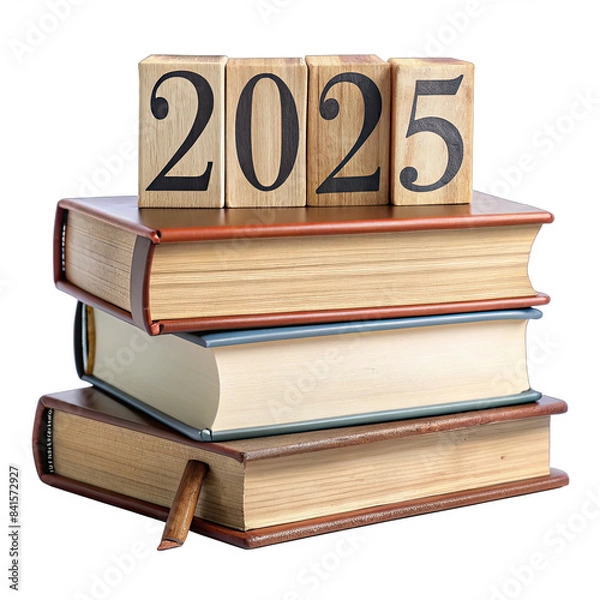 Fototapeta A stack of three books with a row of four wooden blocks spelling 2025 on top. on transparent background. Generative AI