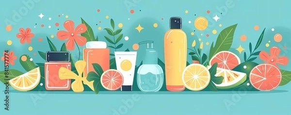 Fototapeta Flat design summer skincare tip with keeping skin cool, using cold compresses, and refreshing tips