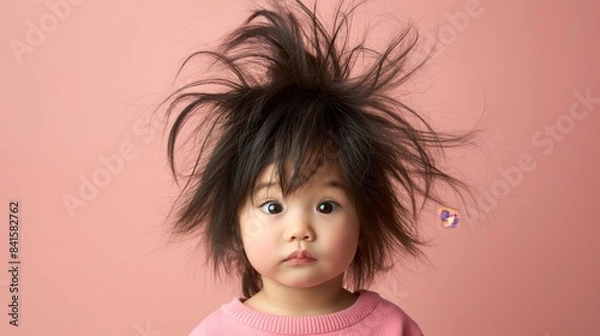Fototapeta A cute toddler with messy hair has a static electricity effect on a pink background