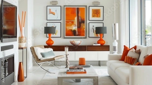 Fototapeta colorful interior background in red orange green and  white color with empty frame on the background with colorful wall designing 