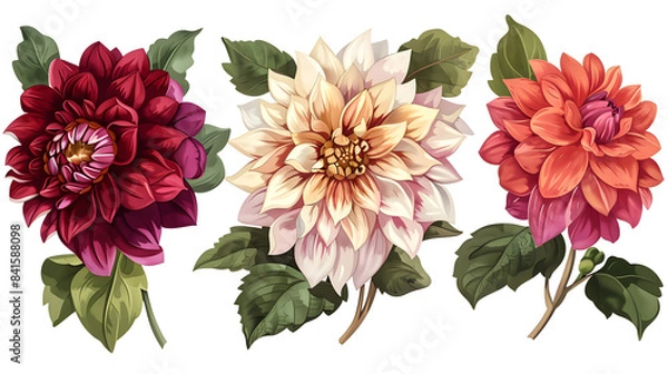 Fototapeta Clipart illustration of dreamy retro collages of flower dahlia petal plant on a white background, suitable for crafting and digital design projects.[A-0001]