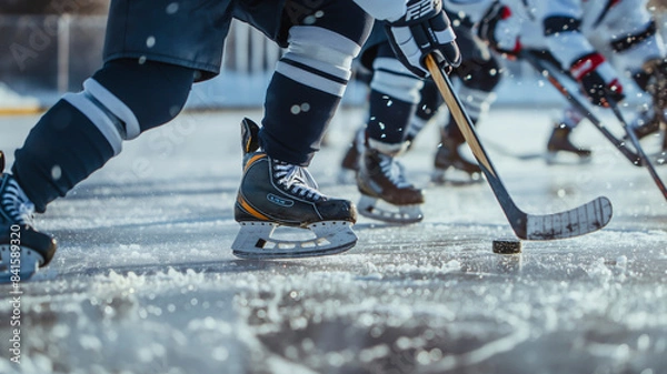 Fototapeta The men played the puck in ice hockey. Close-up