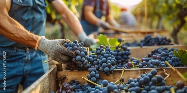 Fototapeta Workers harvesting grapes in a vineyard at sunset, highlighting the beauty and labor of grape cultivation.
