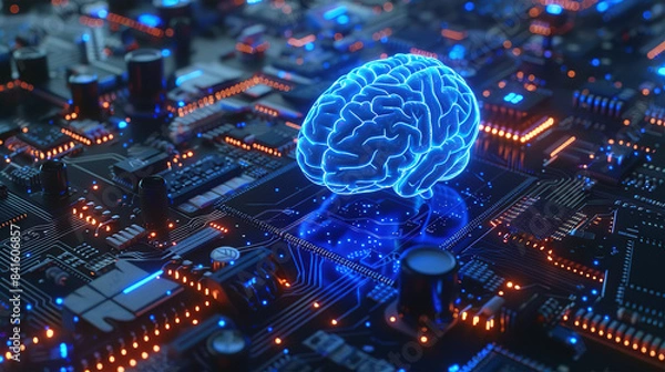 Fototapeta Neon blue glowing human brain connected to motherboard circuit, sophisticated electronic processor unit. Ai technology, Artificial Intelligence. Future digital science, engineering, machine learning