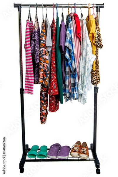 Fototapeta Different clothes and shoes from the wardrobe on the rack