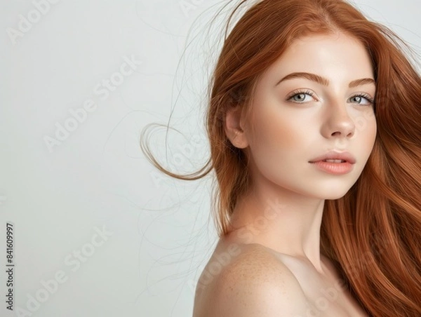 Fototapeta Beautiful Woman with perfect skin Portrait, redheaded Girl, empty copy space