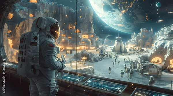 Obraz An astronaut observes a bustling lunar colony through a large window, showcasing advanced space technology and human activities on the moon