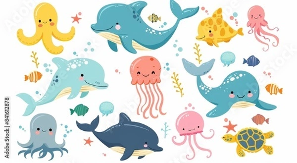 Fototapeta Set of ocean animals isolated flat cartoon icons. Seaweed, algae and seashells, jellyfish and whales, sharks and turtles, squid and clown fish. Children's underwater animals.