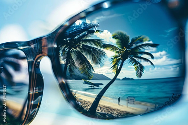 Fototapeta Sunglasses reflecting palm trees, plane, and mountains, travel concept