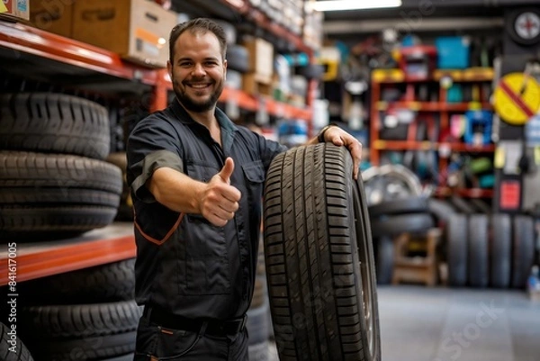 Fototapeta Mechanic smiling holding car tire in repair shop garage with thumbs up gesture