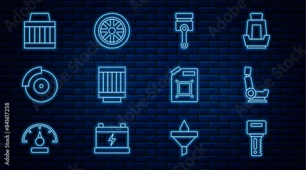 Fototapeta Set line Car key with remote, seat, Engine piston, air filter, brake disk caliper, Canister for gasoline and wheel icon. Vector