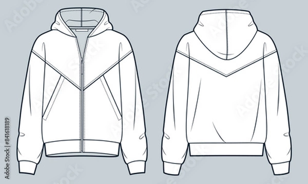 Obraz  Zipped Jacket technical fashion illustration. Hooded Sweatshirt fashion flat technical drawing template, pockets, oversize, front  and back view, white, women, men, unisex Top CAD mockup.