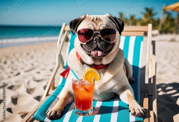 Fototapeta cheerful pug in sunglasses and a cocktail relaxing on the beach. Summer holidays. Generative ai