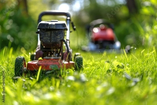 Fototapeta The lawn mower's close-up reveals the sharp blades cutting through the grass, turning the wild lawn into a pristine green carpet