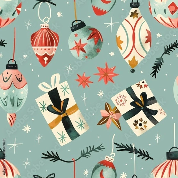 Fototapeta A seamless pattern displaying Christmas ornaments and wrapping paper with whimsical holiday designs, arranged in a playful layout