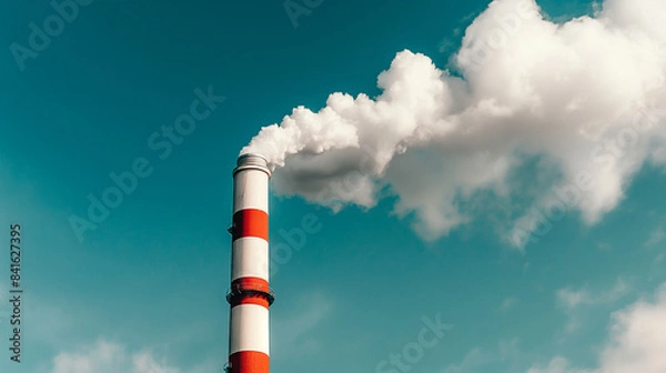 Fototapeta Factory smokestack, air pollution, blue sky background

