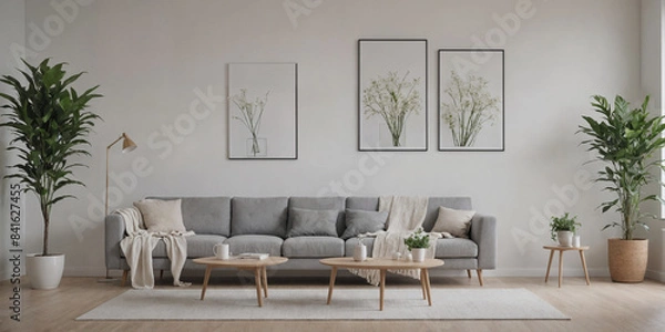Fototapeta Modern retro concept of home interior with design sofa, armchair, coffee table, plants, carpet and personal accessoreis. Stylish home decor of living room.
